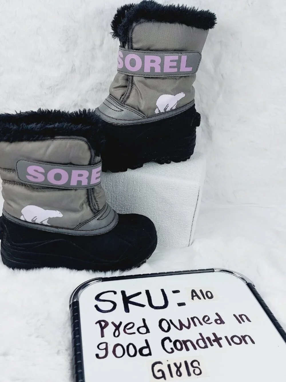 Sorel Girl's Gray Black Snow Commander Faux Fur Ankle Winter Boots Size 11